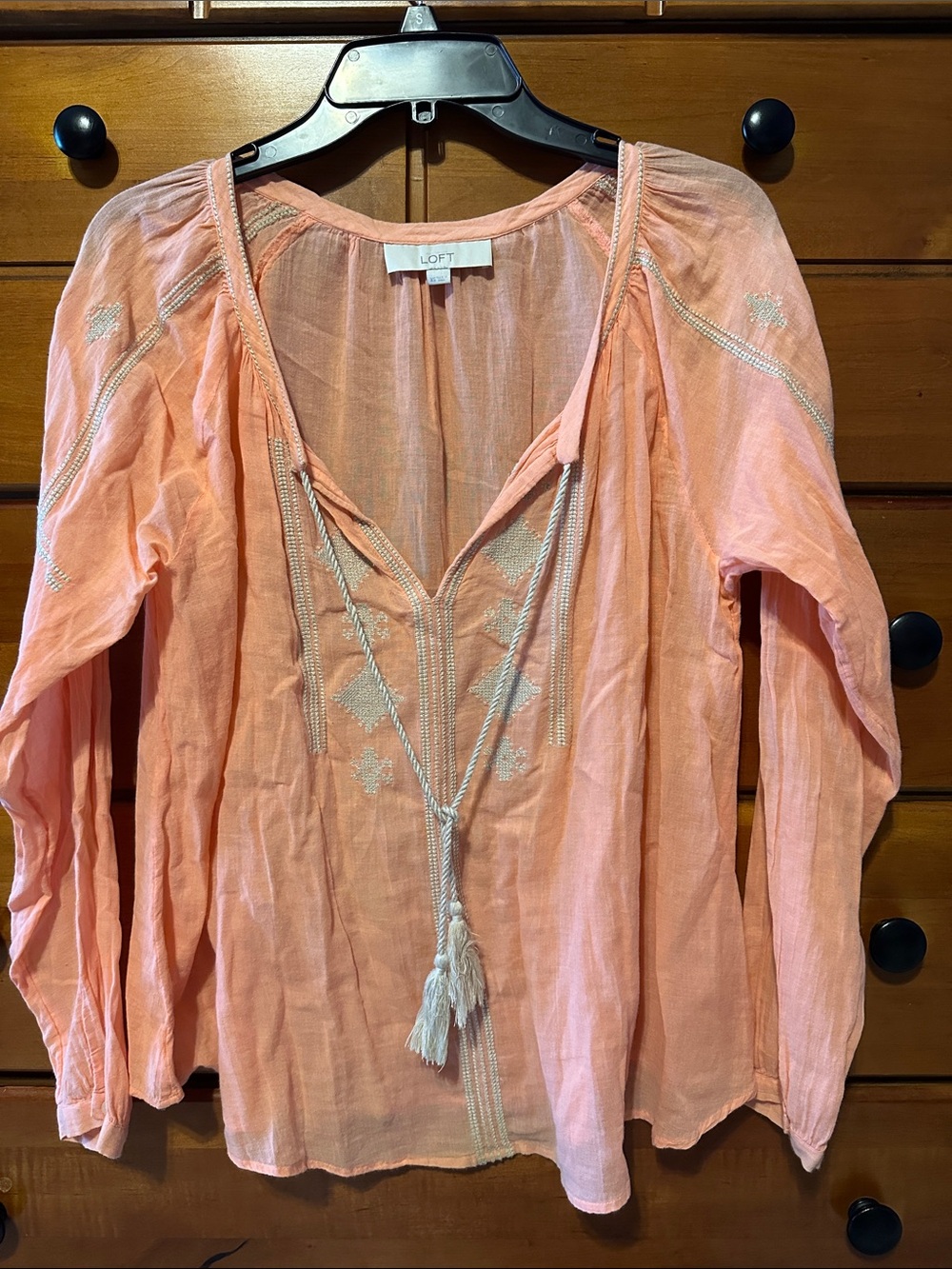 LOFT Peach Embroidered Tassel Peasant Tunic